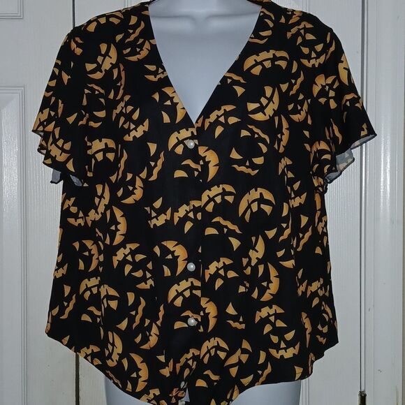 Flutter Sleeve Tie Front Halloween Pumpkin Jack O Lantern Blouse Top Sz XL NWT - Picture 2 of 6